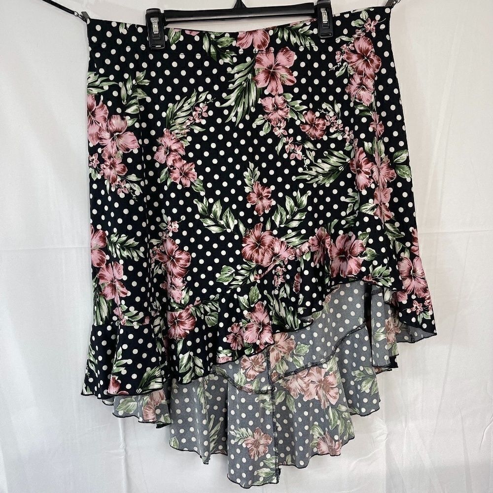 F2F Black Polka Dot Floral Asymmetrical Skirt